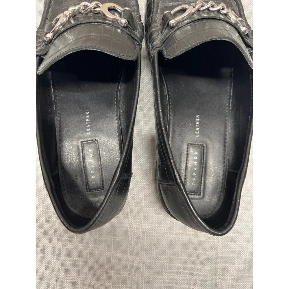 Topshop Womens Horse Bit Croc Embossed Black Heeled Leather Loafers Size 41 10.5